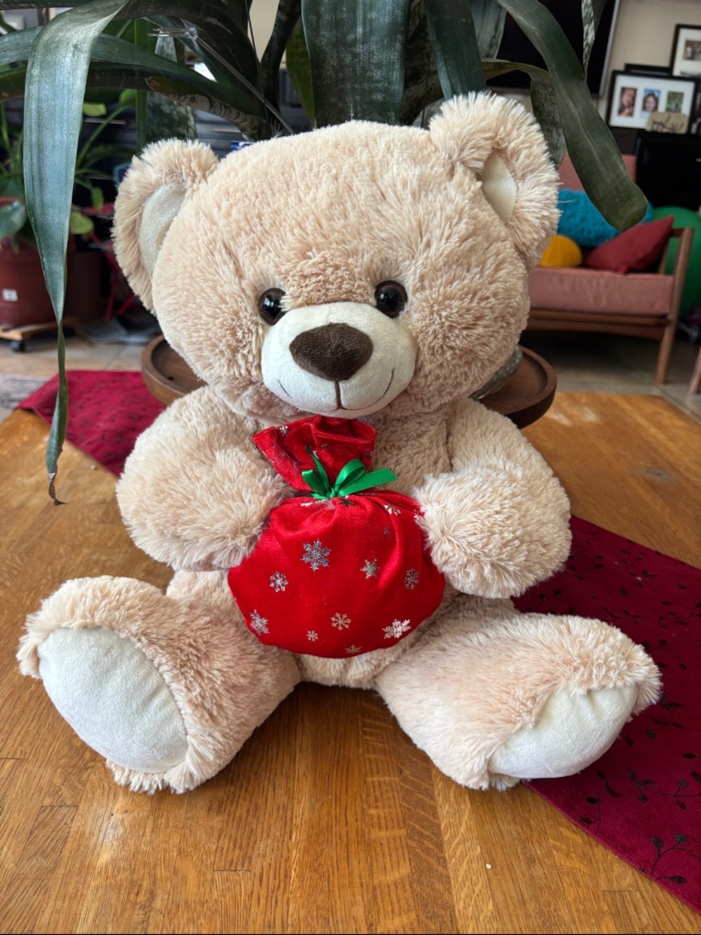 Anico Intl  Plush Beige Teddy Bear with Red Holiday Sack - Soft Stuffed Animal